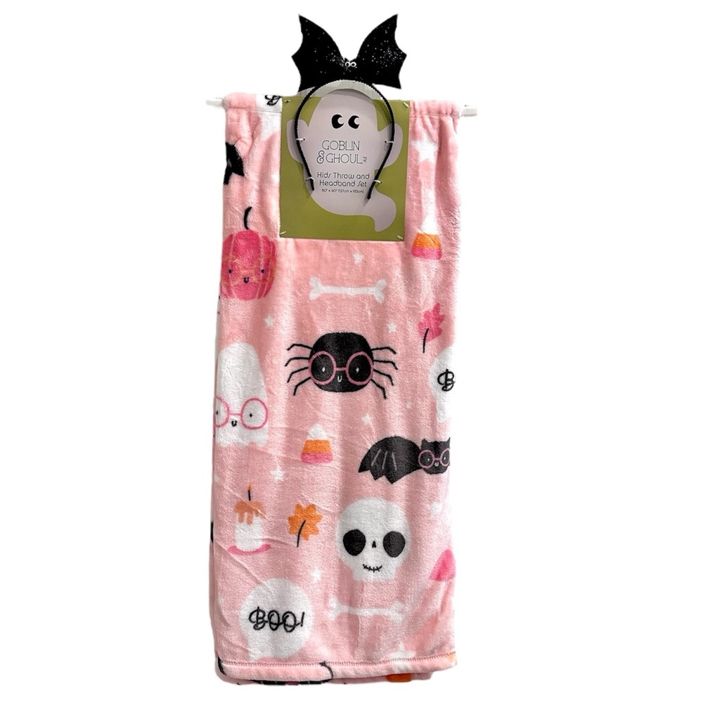 🎃Goblin & Ghoul Halloween Kids Throw and Headband set pink 50x60